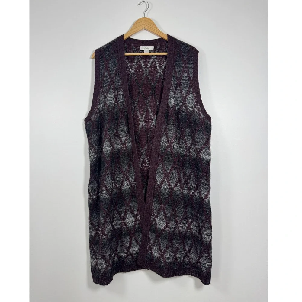 CJ Banks Sweater Vest Women 2X Purple Argyle Knit Open‎ Front Longline Cardigan